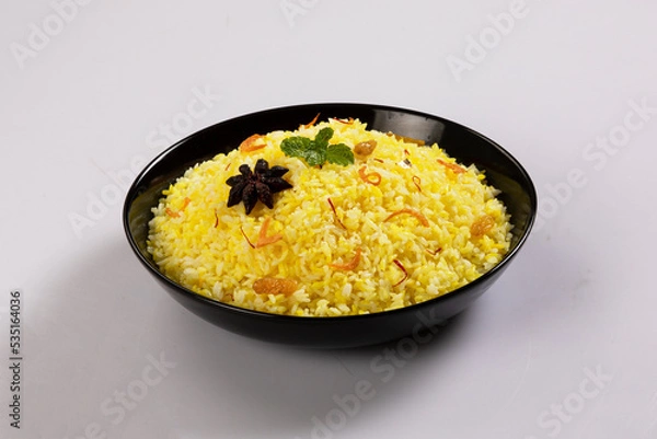 Fototapeta Kachchi Biriyani, chicken biriyani, prawn biriyani, Dhaka style biriyani, plain polau cooked by aromatic rice or chinigura rice isolated on white background.