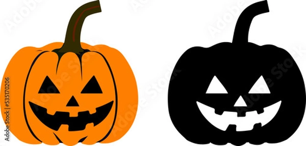 Fototapeta Halloween pumpkin face. Orange Jack o lantern pumpkin sticker icon with happy scary smile. Symbol of Halloween holiday black silhouette isolated on white background