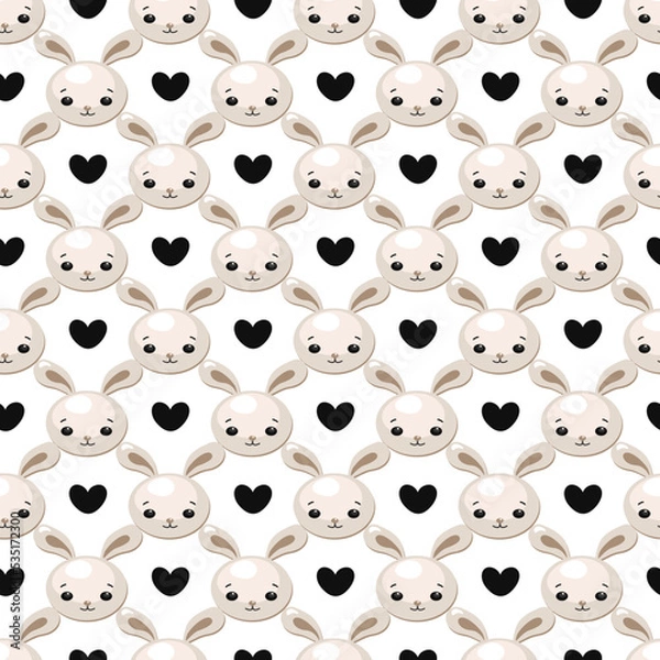 Fototapeta Cute rabbit, soft toy bunny and heart. Seamless background, vector illustration in cartoon style. Beige, brown and black colors, minimalism. For fabric, paper, covers and web.