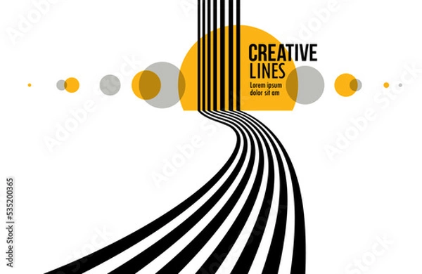 Fototapeta Linear composition vector road to horizon, abstract background with lines in 3D perspective, optical illusion op art, black and yellow colors.