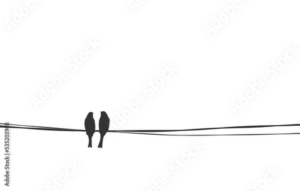 Obraz Birds couple sitting on wire. Love and affection silhouette vector illustration, simple stock image. Sparrow family on cable mother father parents 