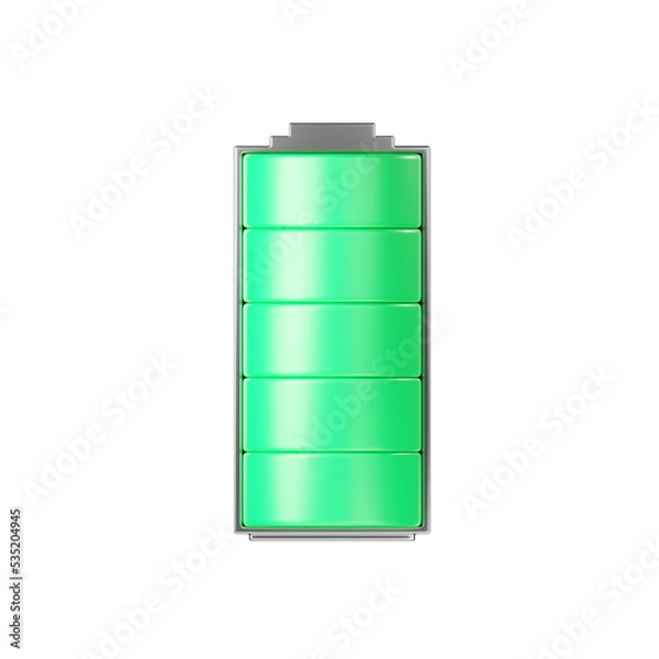 Fototapeta Battery 3d icon - full level capacity, energy storage. Power charge indicator, lithium element render illustration