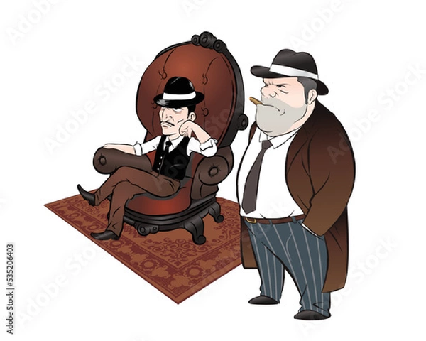 Obraz Mafia sitting on brown vintage sofa. wear hat. vector illustration isolated cartoon hand drawn background
