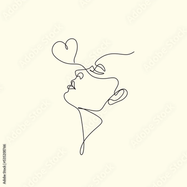 Fototapeta One line drawing abstract heart face of woman. Minimalist romantic logo