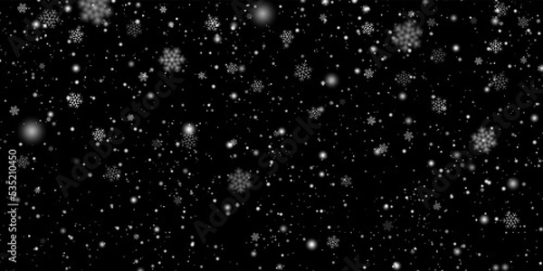 Fototapeta Falling winter snow snowflakes on black background. Vector