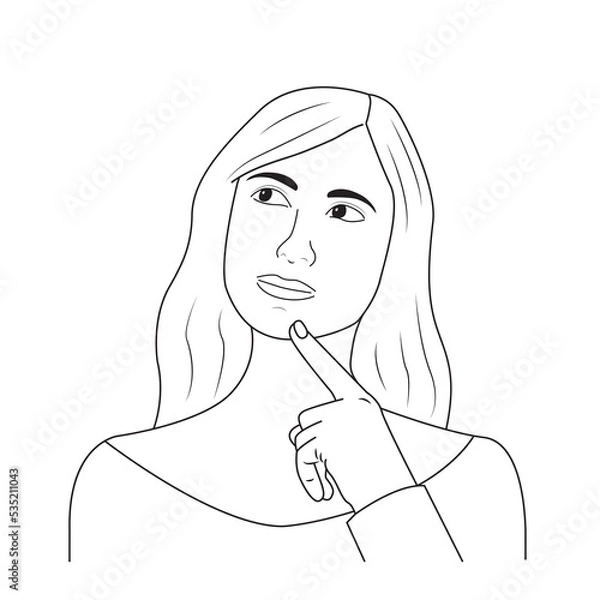Fototapeta The girl thinks. Thoughtfulness, thoughts. Vector illustration isolated on a white background. Hand drawing style, lines.