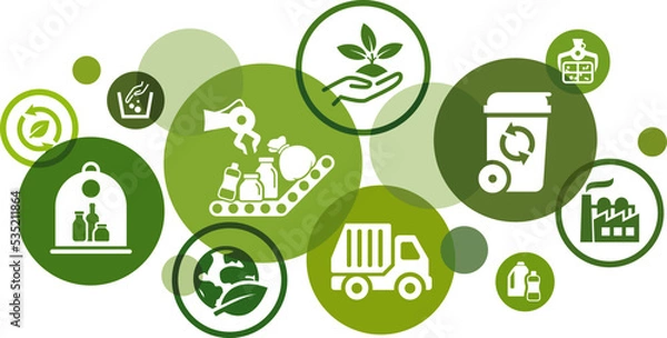 Fototapeta Waste management & recycling vector illustration. Green concept with icons related to sorting & separating different garbage / rubbish types, resources & recycled materials, municipal trash collection