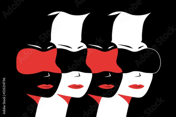 Obraz Flat design illustration of human profiles with virtual reality headset device. Three colored red, black and white set of people. VR and cyberspace.