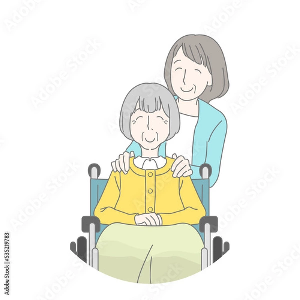Fototapeta 車椅子の母の肩に手を添える娘　介護　親子　母娘