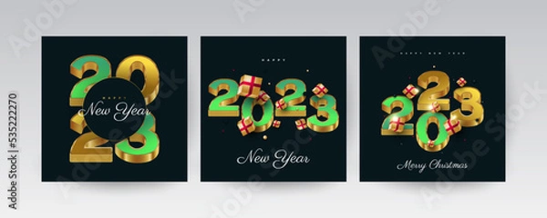 Fototapeta Happy New Year 2023 Poster Set. New Year Design Template with 3D Numbers and Gift Box for Decoration, Branding, Banner, Poster, Cover and Card