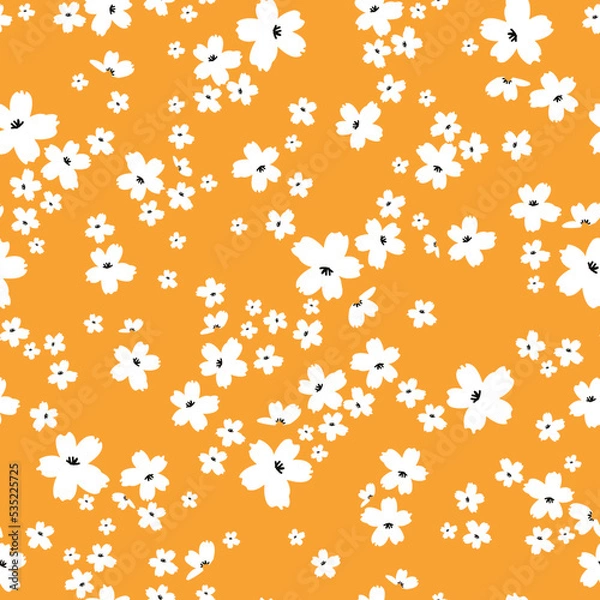 Fototapeta Simple vintage pattern.  white flowers. orange  background. Fashionable print for textiles and wallpaper.