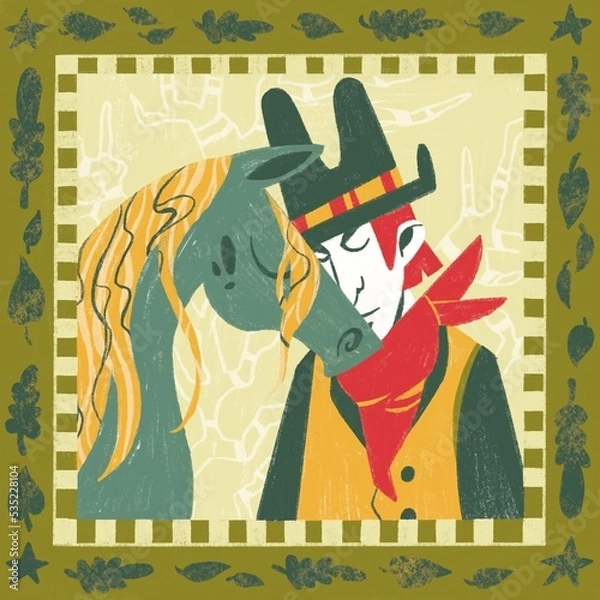Fototapeta Image of a cowboy and a horse in a green frame. You can use it as a postcard, sticker or illustration for clothes, books, magazines.	