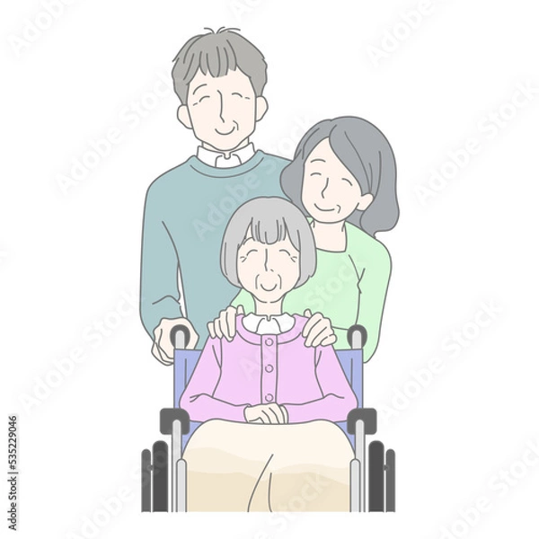 Fototapeta 車椅子に座る笑顔のおばあさんと家族　息子　母　嫁　介護　笑顔