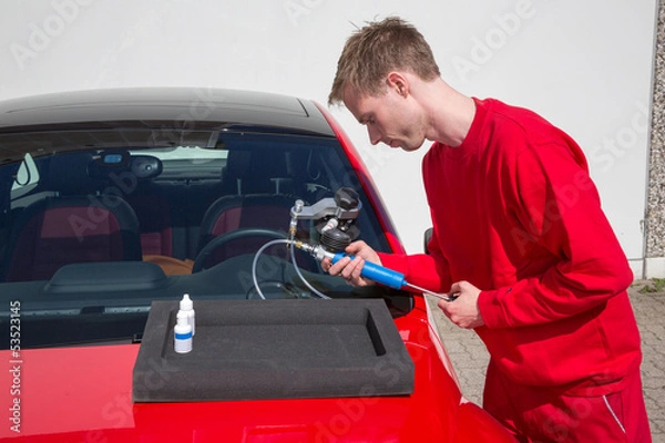 Obraz Glazier repairing windscreen after stone chipping damage