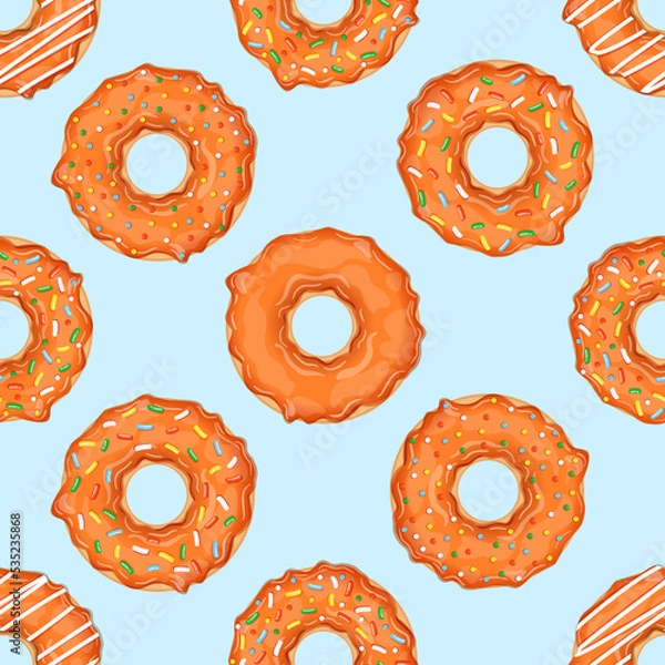Fototapeta Seamless pattern with orange donuts and colorful sprinkles. Vector illustration for fabrics, textures, wallpapers, posters, cards. Editable elements.