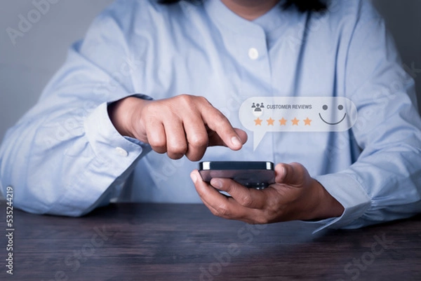 Fototapeta Woman using smart phone for Customer Experience dissatisfied Concept, Client with Sadness Emotion on smartphone screen, Bad review, bad service dislike bad quality, low rating, social media not good.