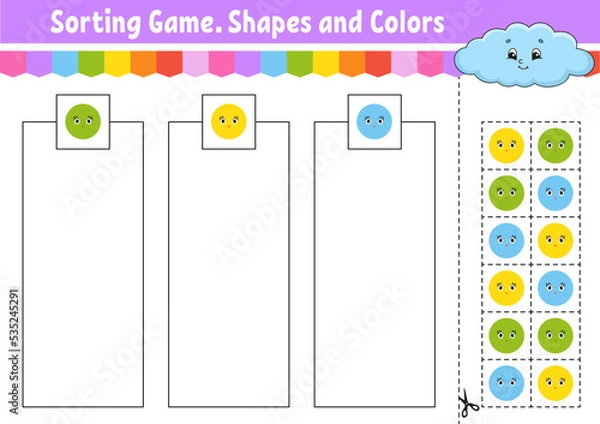 Fototapeta Sorting game. Shapes and colors. Cut and glue. Education developing worksheet. Game for kids. Color activity page. Puzzle for children. Cute character. Vector illustration. cartoon style.