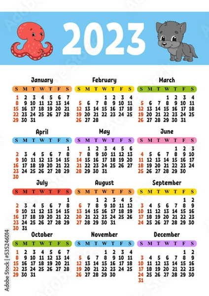 Fototapeta Calendar for 2023 with a cute character. Fun and bright design. Isolated color vector illustration. cartoon style.