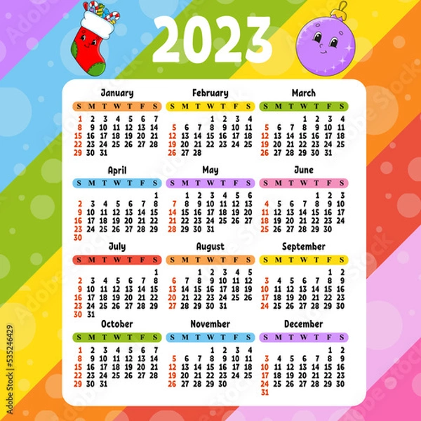 Fototapeta Calendar for 2023 with a cute character. Fun and bright design. Cartoon style. Vector illustration.
