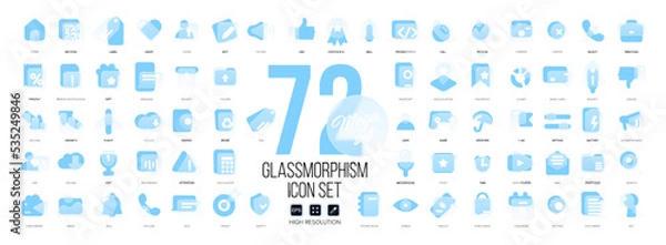 Obraz Mega set of vector icons in glass morphism modern trendy style. Blue and transparency glass. 72 icons in a single style of business, finance, UX UI