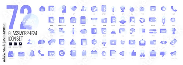 Obraz Mega set of vector icons in glass morphism modern trendy style. Purple and transparency glass. 72 icons in a single style of business, finance, UX UI
