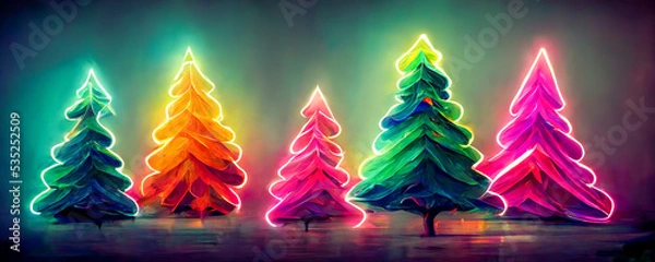 Obraz Glowing Christmas trees as panorama background