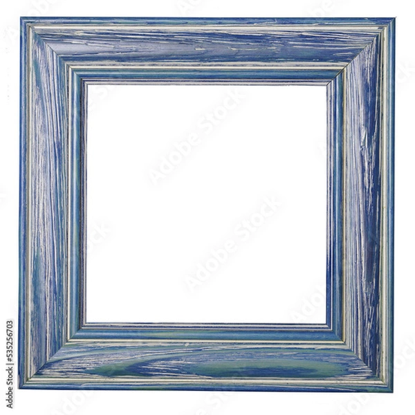Fototapeta Empty blue frame. Wooden blue frame with the effect of scuffing. Isolated 