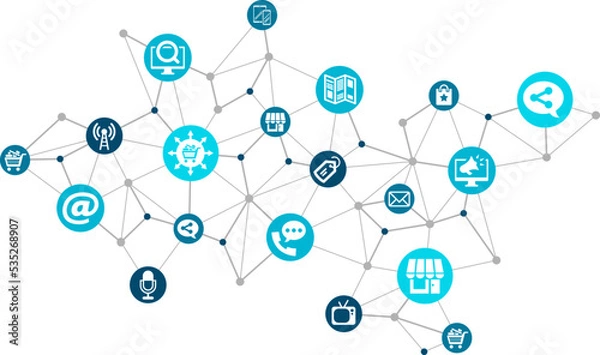Obraz multi-channel / omni-channel marketing vector illustration. Concept with icons related to combined online & offline marketing channel strategy, advertisement & promotion, multichannel retail marketing