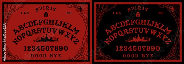 Fototapeta Halloween Ouija Board on wooden texture. Planchette play with calling souls and demons. Party poster. Graphic, caligraphy, typography, alphabet, letters, numbers and web. Cementery skyline.