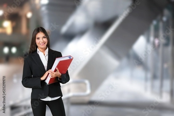 Obraz Happy saleswoman welcoming client standing in office.