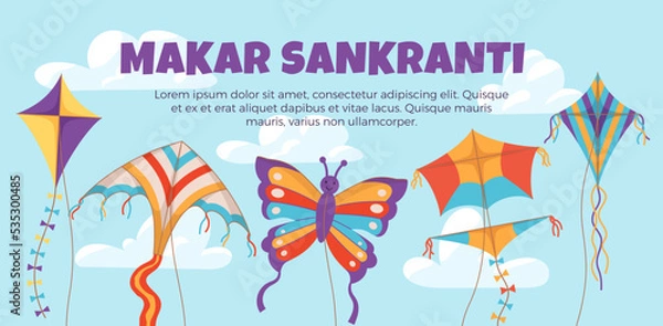 Fototapeta Makar Sankranti banner or greeting card with kites flat vector illustration.