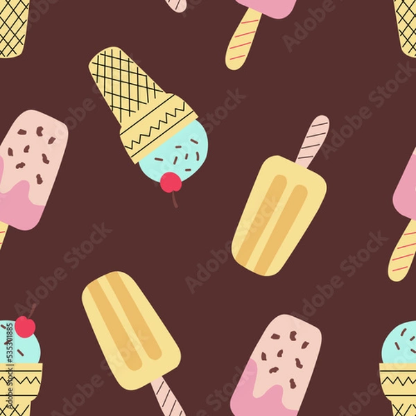 Fototapeta Bright seamless pattern different ice cream in a cute hand-drawn style. Vector brown background