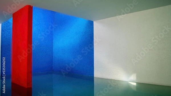 Fototapeta interior of the gilardi house of the famous architect luis barragan, pool reflecting the light, blue wall and red column, mexico