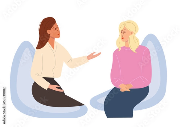 Fototapeta Consultation-conversation of a psychologist or psychotherapist. Serious conversation between two women. The sympathetic attitude of one girl towards another. Vector isolated illustration flat style