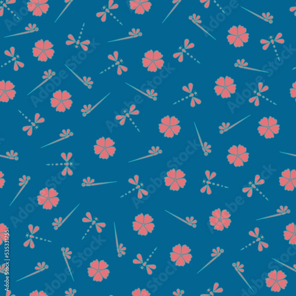 Fototapeta Petrol blue and peach flower and dragonfly, seamless pattern background.  Perfect for fabric, scrapbooking, quilting, wallpaper and many more projects.