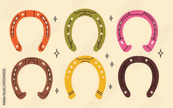 Fototapeta Cowboy western theme wild west concept.Hand drawn colorful vector set. Elements are isolated.Different set of horseshoe. Hand drawn colored flat vector illustration.