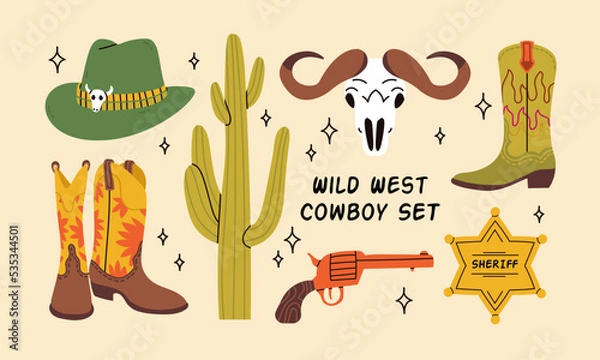 Fototapeta Cowboy western theme; wild west concept in violet and pink. Various objects. Boots; cactus; skull; gun; cowboy hat; horseshoe; sheriff badge star. Hand drawn colorful vector set. Elements are isolated