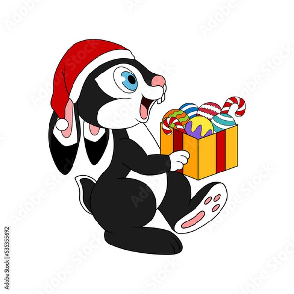 Fototapeta Black rabbit carries a full box of New Year's toys and sweets. Rabbit as a symbol of 2023 Chinese New Year. Cartoon character of bunny in santa hat preparing for the holiday. New year art for kids.