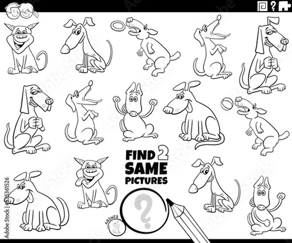 Fototapeta find two same dog characters game coloring page