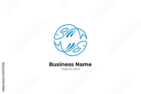 Fototapeta Two blue fish logo with circular shape in linear design style
