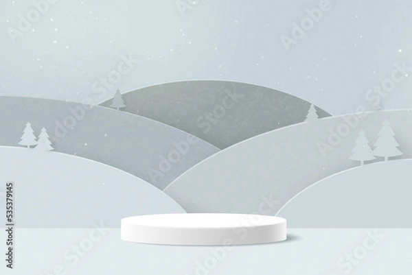 Fototapeta 3d Paper cut abstract minimal geometric shape template background.White cylinder podium on mountains landscape.Minimal winter scene background.Vector illustration.
