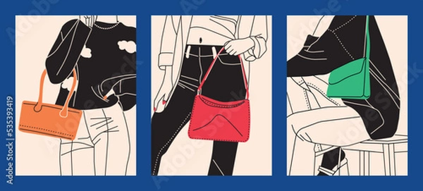 Fototapeta Set with girls showing off their bags. Close up camera. Stylish outfits for summer, autumn, spring. Hand drawn. Colorful abstract vector illustration