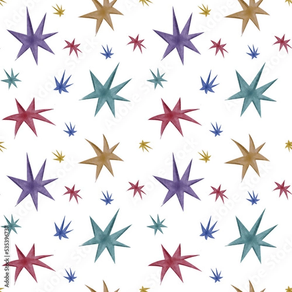 Fototapeta Seamless pattern with colorful stars: gold, red, violet and  turquoise on a white background. Watercolor seamless pattern