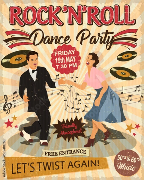 Fototapeta Rock and Roll Dance Party retro poster with dancing couple man and woman.