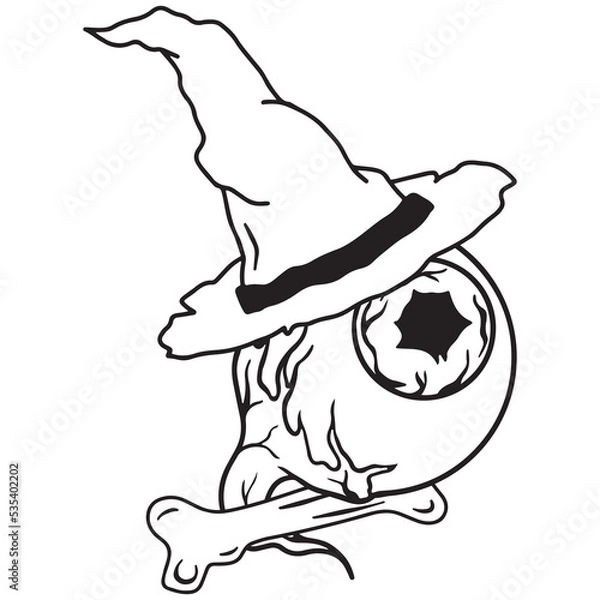 Fototapeta Hand drawn magical composition with a magic eye in a witch's hat and a bone