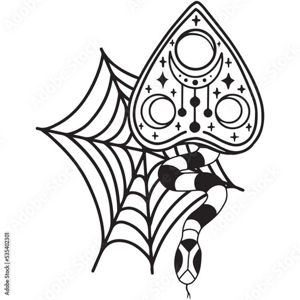 Fototapeta Hand drawn magical composition with snake, spider web and ouija board