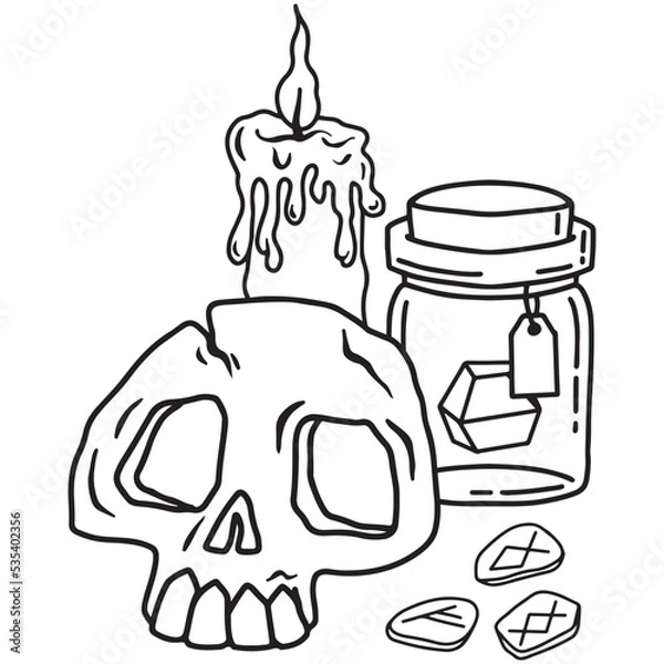 Fototapeta Hand drawn magical composition with a skull, a jar of magic crystal, runes and a candle