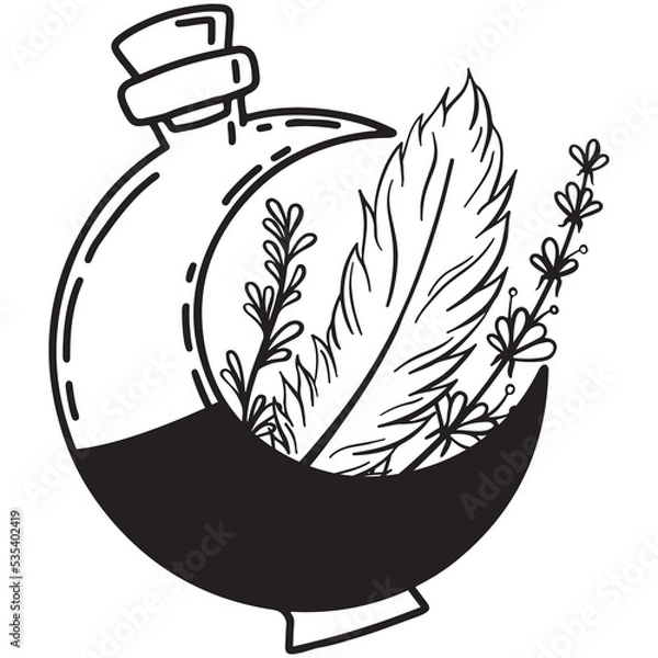 Fototapeta Hand drawn magical composition with a magic potion, herbs and a pen