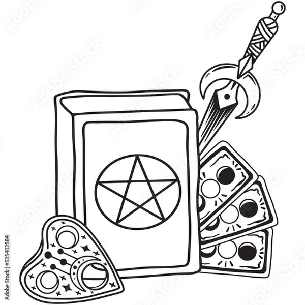 Fototapeta Hand drawn magic composition with ouija board, tarot, dagger and spell book