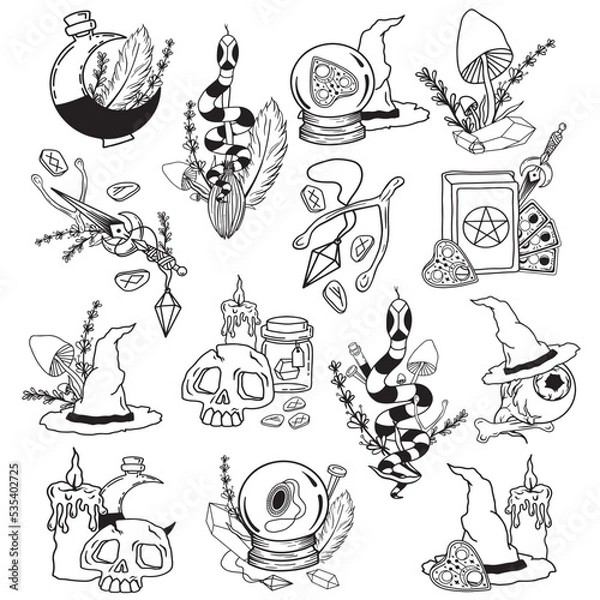 Fototapeta Hand drawn magical compositions with magical things of a witch.